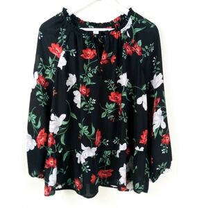 Floral Black Peasant Babydoll Blouse XL Sheer Boho Popover
